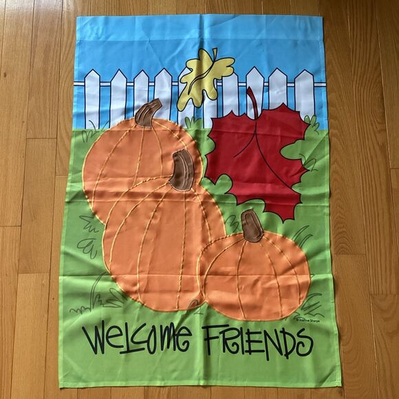 Unbranded Other - Welcome Friends Fall Autumn House Flag Nylon Fence Leaves Pumpkins Joanne Sharpe